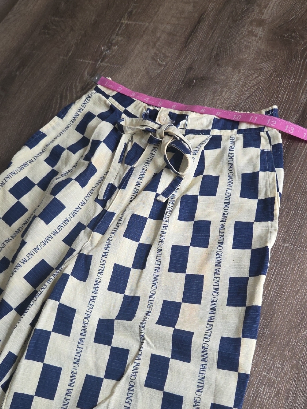 Gianni Valentino Cropped Blue and Cream Checkered Logo Linen Pants XS - Picture 5 of 8